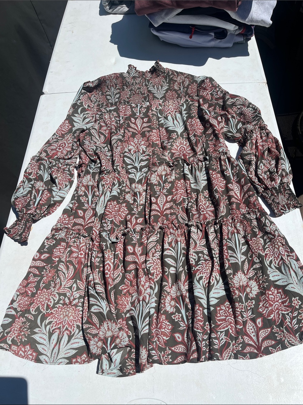 Saks Fifth Avenue Floral Tiered Long Sleeve Dress in Brown and Light Blue - Picture 3 of 3
